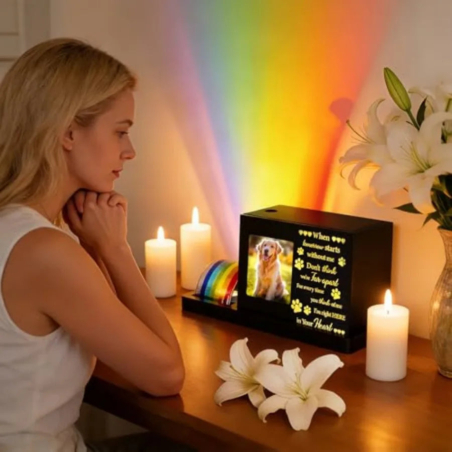 Rainbow Bridge Pet Memorial Keepsake | LED Light Urn with Personalized Photo Frame | Pet Ashes Memory Box