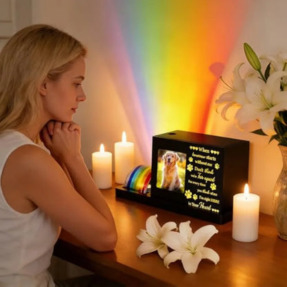 Rainbow Bridge Pet Memorial Keepsake | LED Light Urn with Personalized Photo Frame | Pet Ashes Memory Box