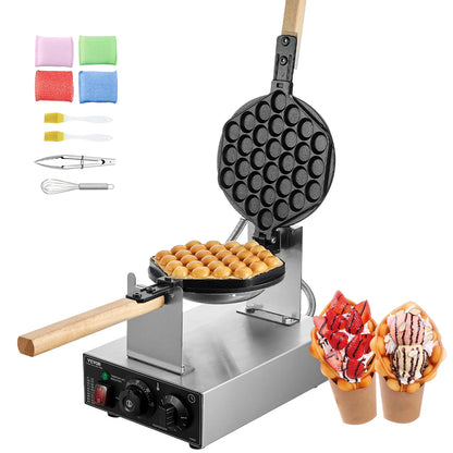 SucceBuy Commercial Egg Bubble Waffle Maker, 1400W Stainless Steel Waffle Machine with Non-Stick Dual Pans, 180° Rotating Design, and Wooden Handles