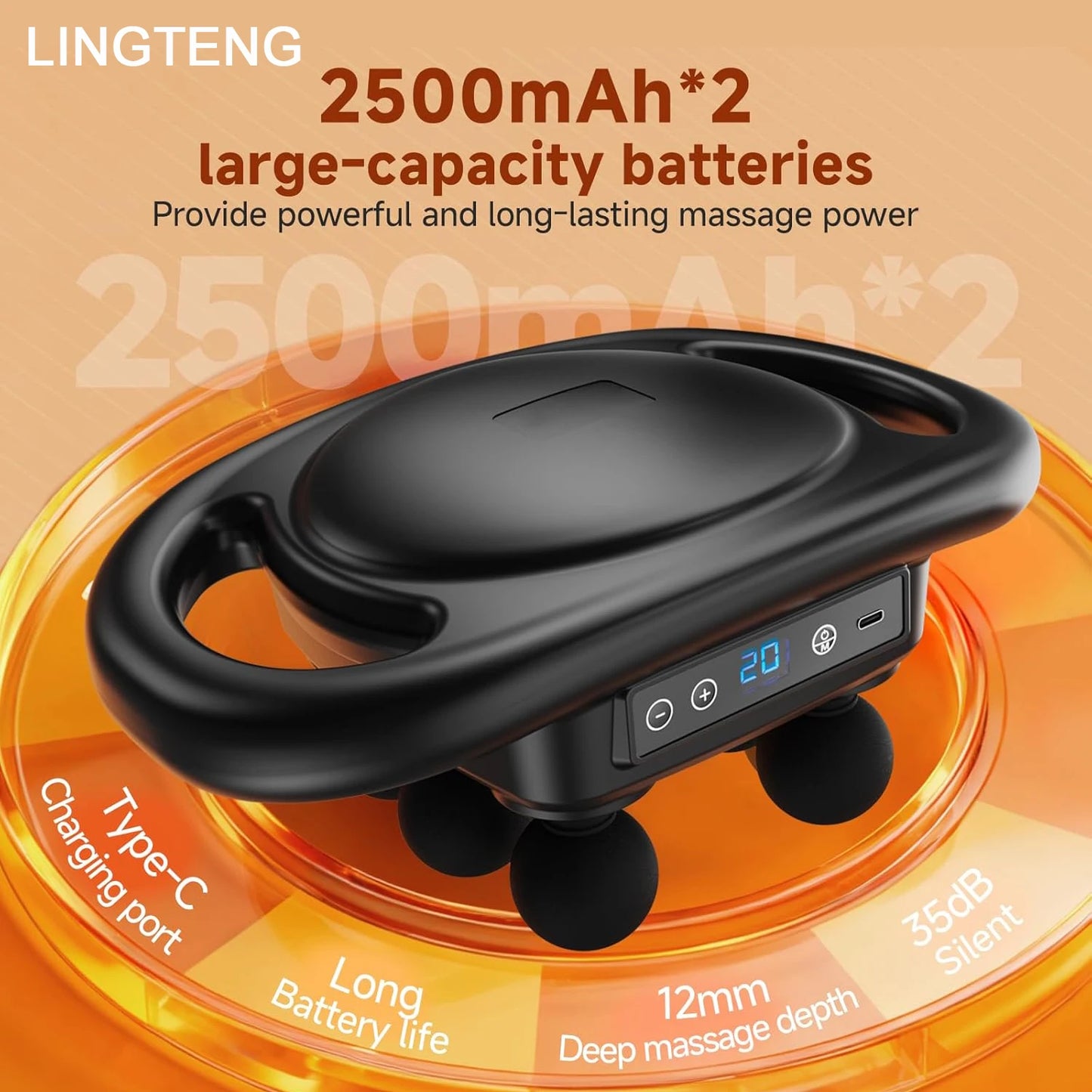 LINGTENG Deep Tissue Massage Gun | 6 Massage Heads | 9 Intensity Levels | 4 Massage Modes | Handheld Percussion Massager