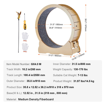SucceBuy Large Wooden Cat Exercise Wheel, Indoor Cat Treadmill Wheel with Detachable Carpet and Interactive Cat Tease