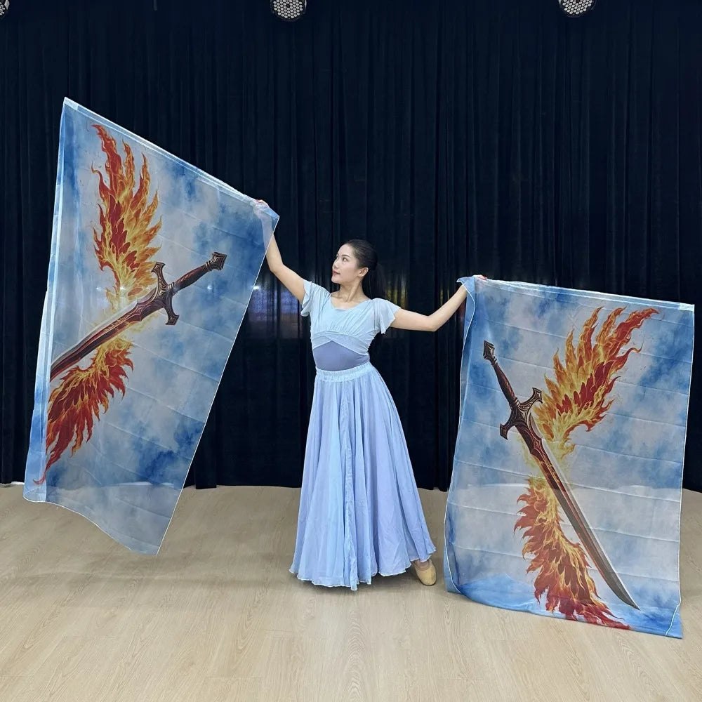 Chiffon Double Sword Praise Flag – Flowing Tie-Dye Flame Worship & Dance Veil
