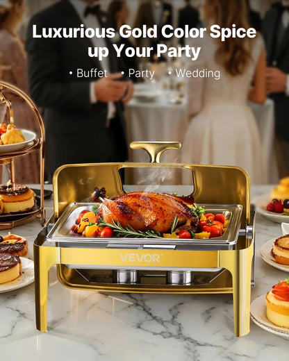 SucceBuy Elegant 9QT Roll Top Chafing Dish | Stainless Steel Buffet Warmer | Full Size Pan | Catering Food Server