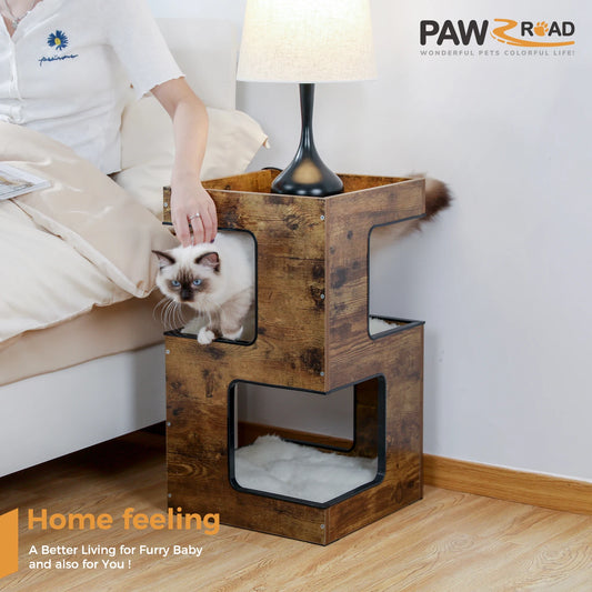 Wooden Cat Condo & Bed | Modern Cat Tree Tower | Soft Removable Mats | Scratching Pad | Cat Toys