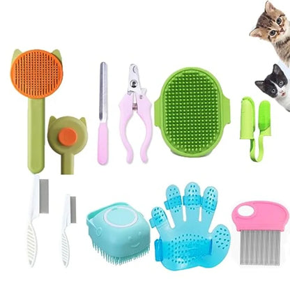 10-Piece Cat & Dog Grooming Set | Self-Cleaning Deshedding Brush, Bath Brush, Massage Glove, Nail Clipper & Flea Comb