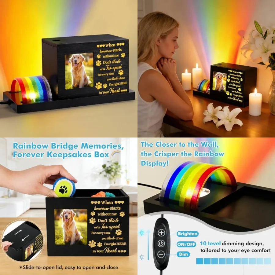 Rainbow Bridge Pet Memorial Keepsake | LED Light Urn with Personalized Photo Frame | Pet Ashes Memory Box