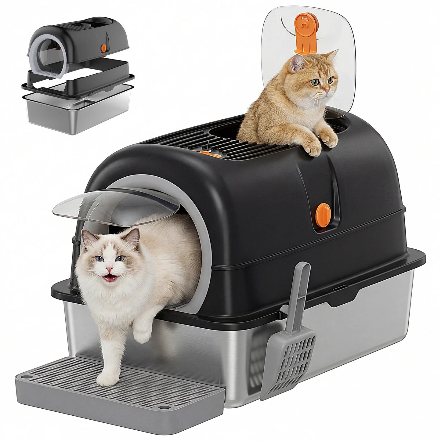 JHK 24-Inch Stainless Steel Cat Litter Box, Fully Enclosed 30L Extra-Large Cat Box for Big Cats, Includes Scoop & Litter Mat