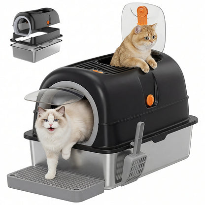 JHK 24-Inch Stainless Steel Cat Litter Box, Fully Enclosed 30L Extra-Large Cat Box for Big Cats, Includes Scoop & Litter Mat