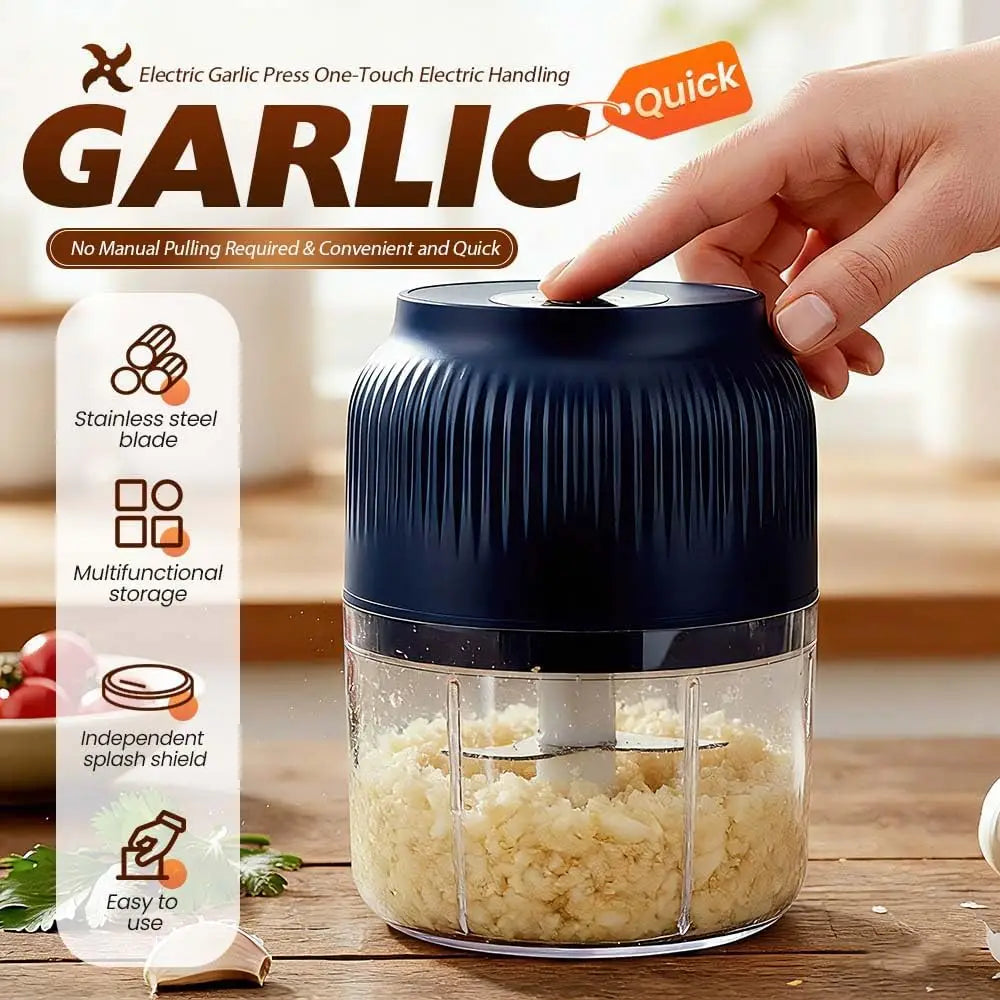 300ml Capacity Electric Garlic Chopper, Mini Portable Veggie Cutter, 4 Sharp Stainless Steel Blades Mini Electric Food Chopper, Compact Size, Easy to Clean, One-Touch Operation (Blue)