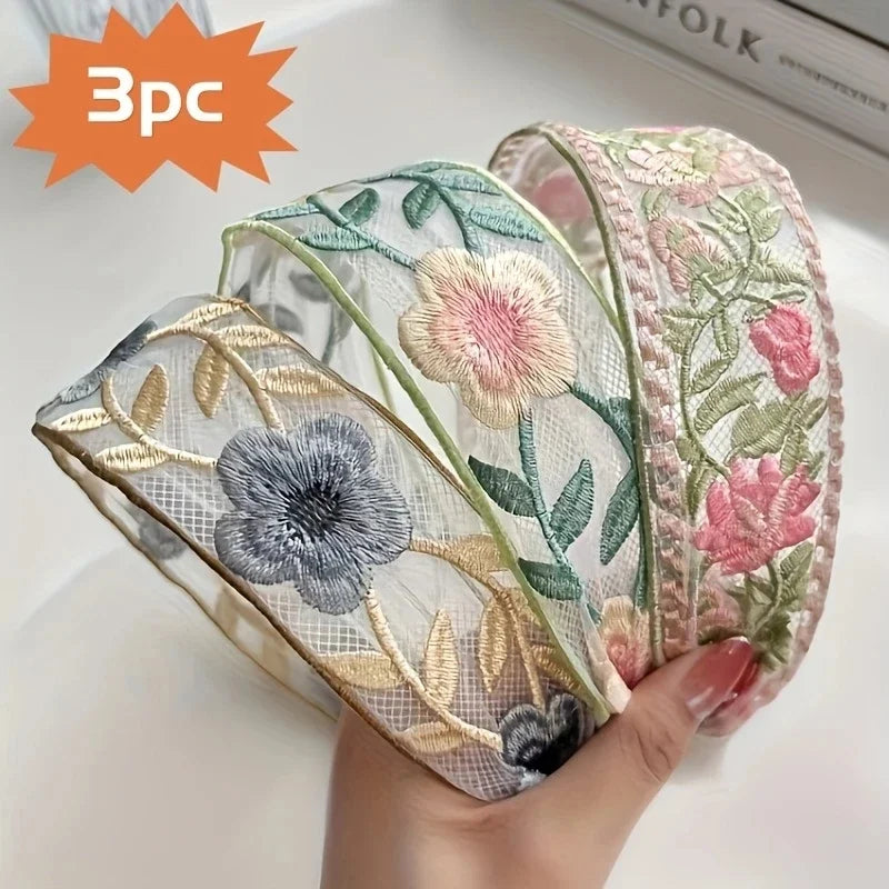 BloomGrace™ Embroidered Chiffon Floral Headband Collection – 3 Piece Set