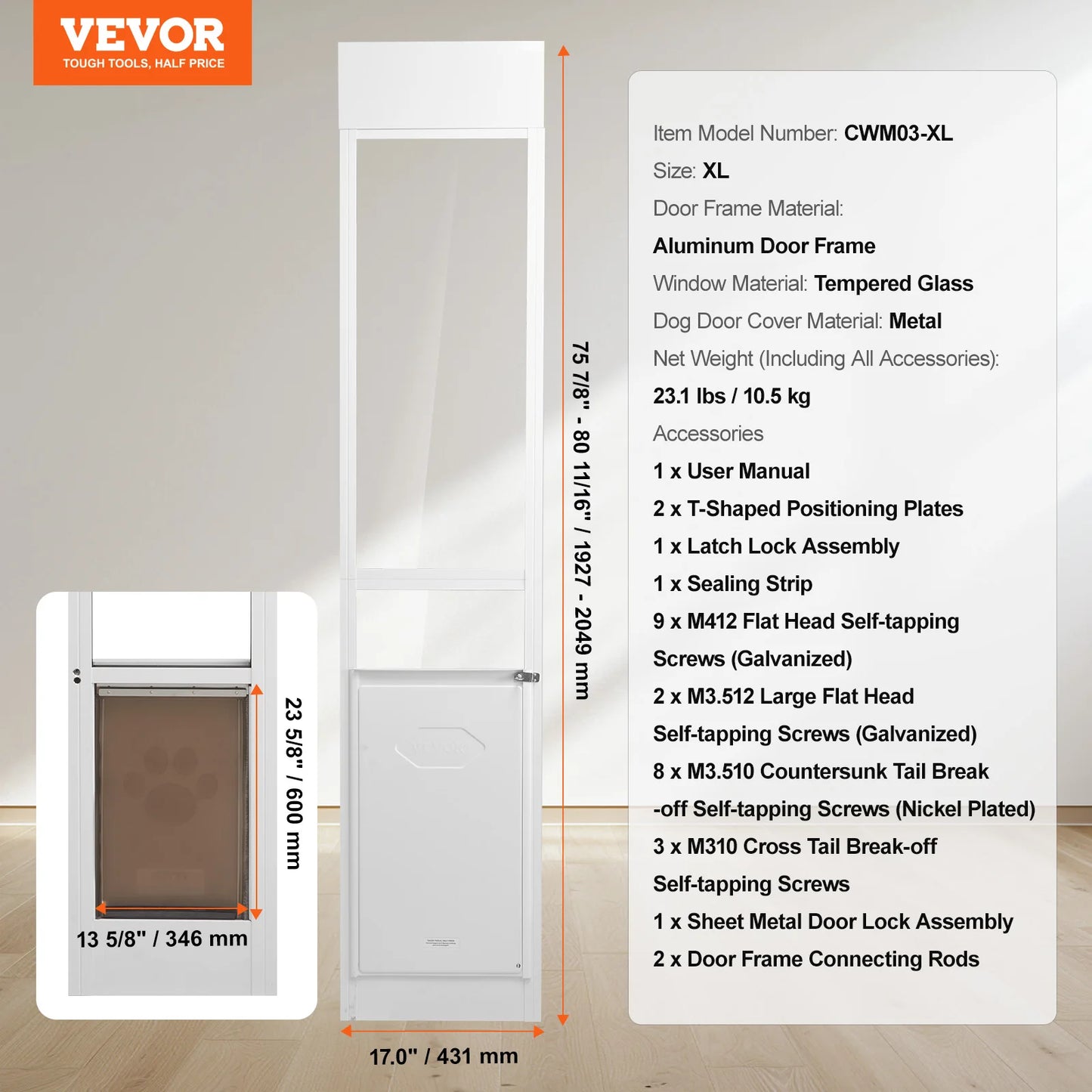 SucceBuy Sliding Glass Dog Door | Adjustable Height | Aluminum Frame | Tempered Glass Pet Door