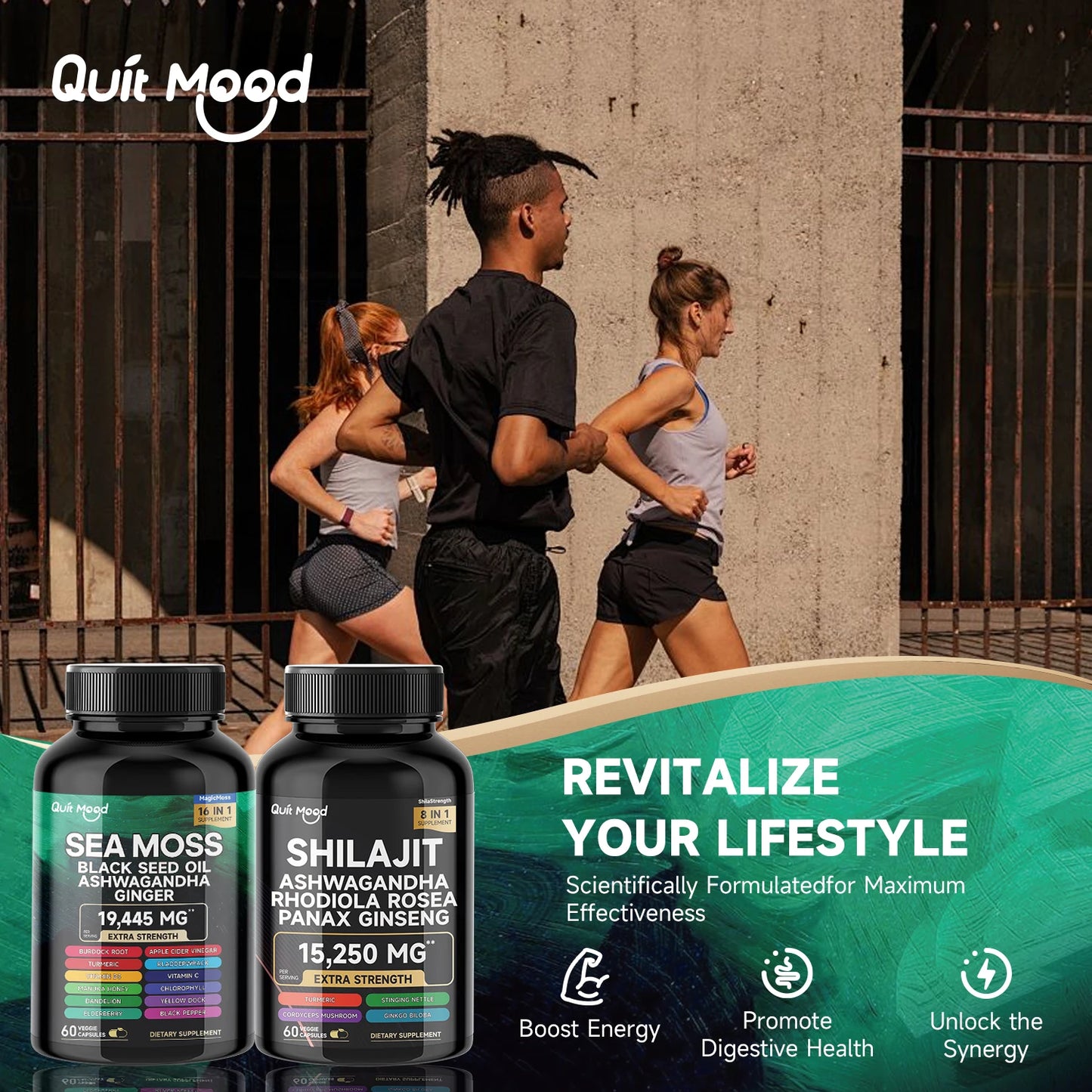 Quit Mood Sea Moss & Shilajit Energy Bundle | Black Seed Oil, Ashwagandha, Ginger, Rhodiola Rosea, Panax, Ginseng, Burdock Root & Turmeric | For Men & Women