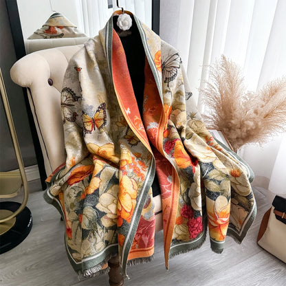 Women's Floral Jacquard Faux Cashmere Shawl | Thick Pashmina Wrap | Winter Shawl
