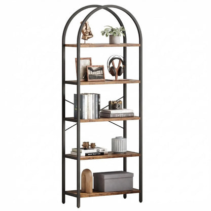 71-Inch Arched Bookshelf | 5-Tier Open Bookcase | Industrial Metal Frame Shelving Unit