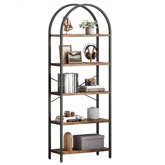 71-Inch Arched Bookshelf | 5-Tier Open Bookcase | Industrial Metal Frame Shelving Unit