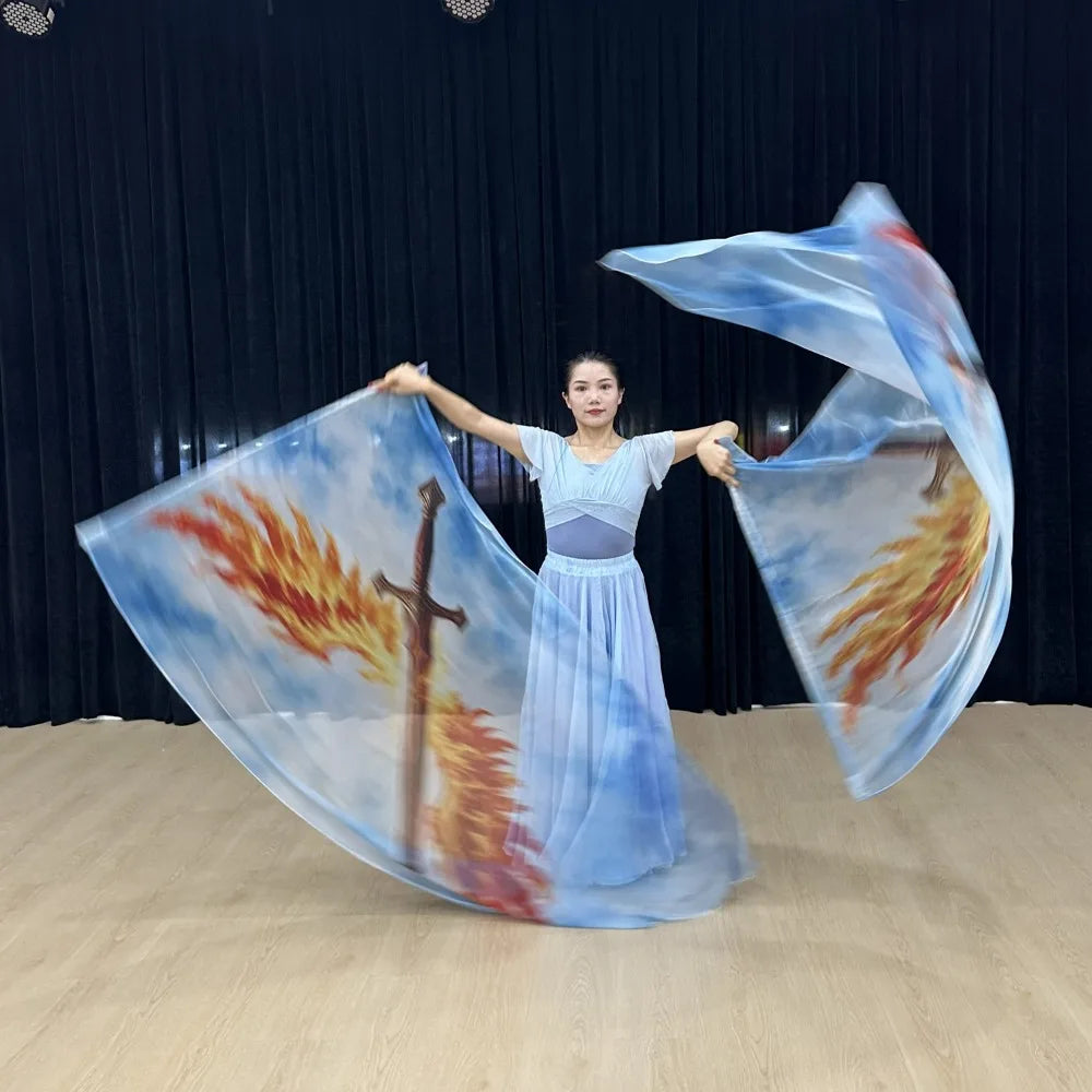 Chiffon Double Sword Praise Flag – Flowing Tie-Dye Flame Worship & Dance Veil