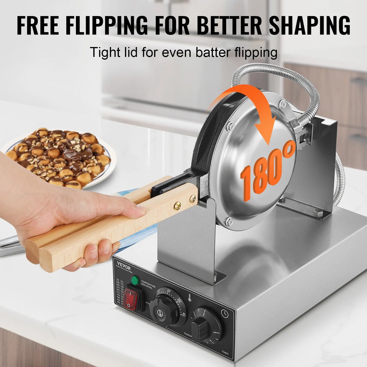 SucceBuy Commercial Egg Bubble Waffle Maker, 1400W Stainless Steel Waffle Machine with Non-Stick Dual Pans, 180° Rotating Design, and Wooden Handles