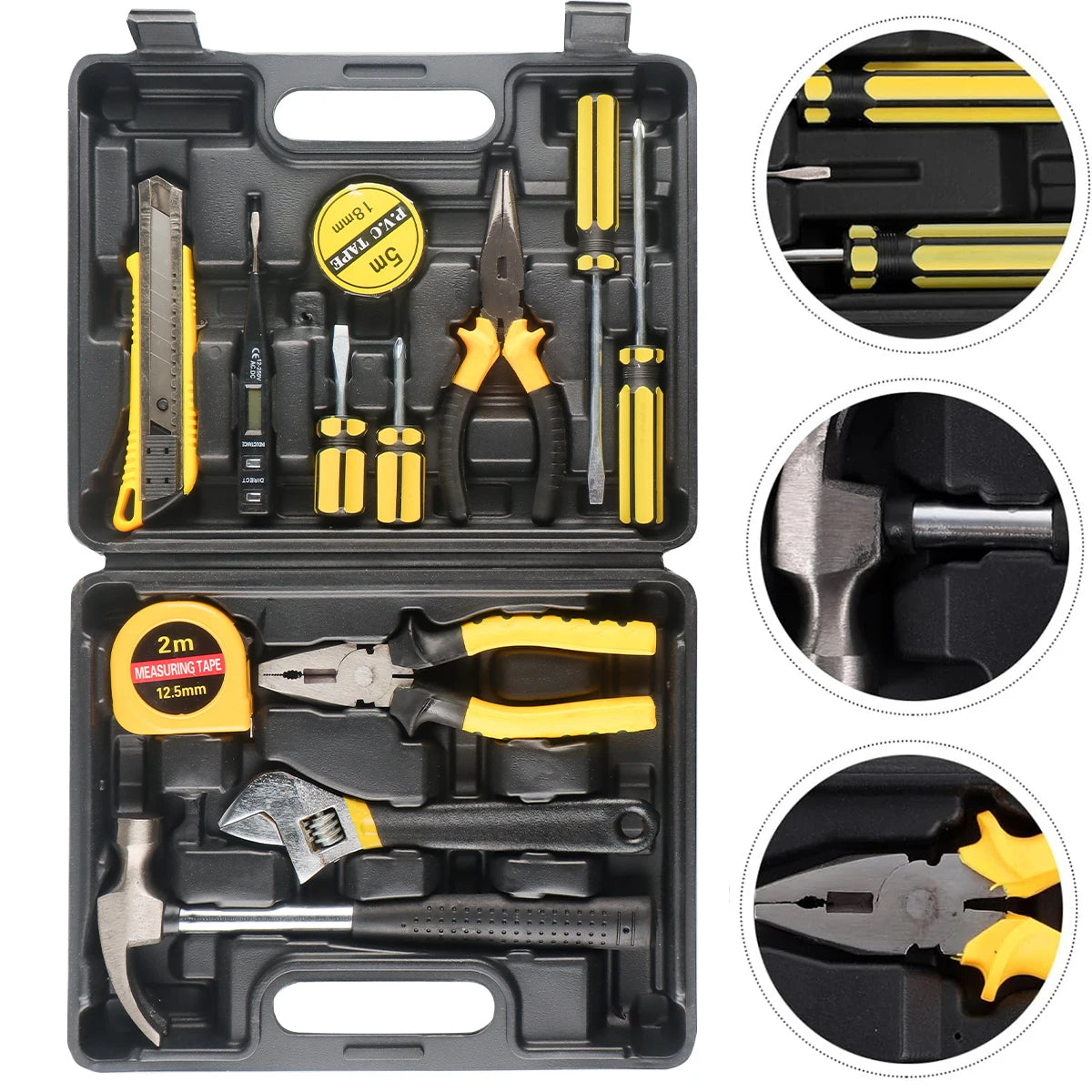 Household Hand Tool Set | 8/9/12/13-Piece | Portable Plastic Toolbox | Home & Auto Repair Kit