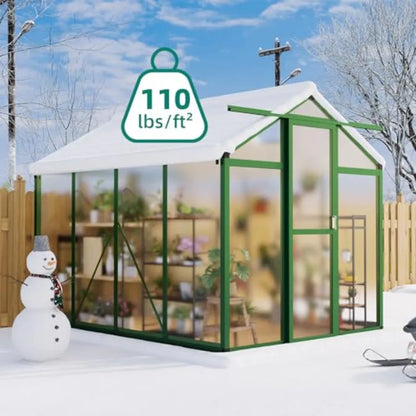 Outdoor large aluminum walk-in house with heavy-duty polycarbonate panels, gray roof vent ground nails, for garden, backyard, patio