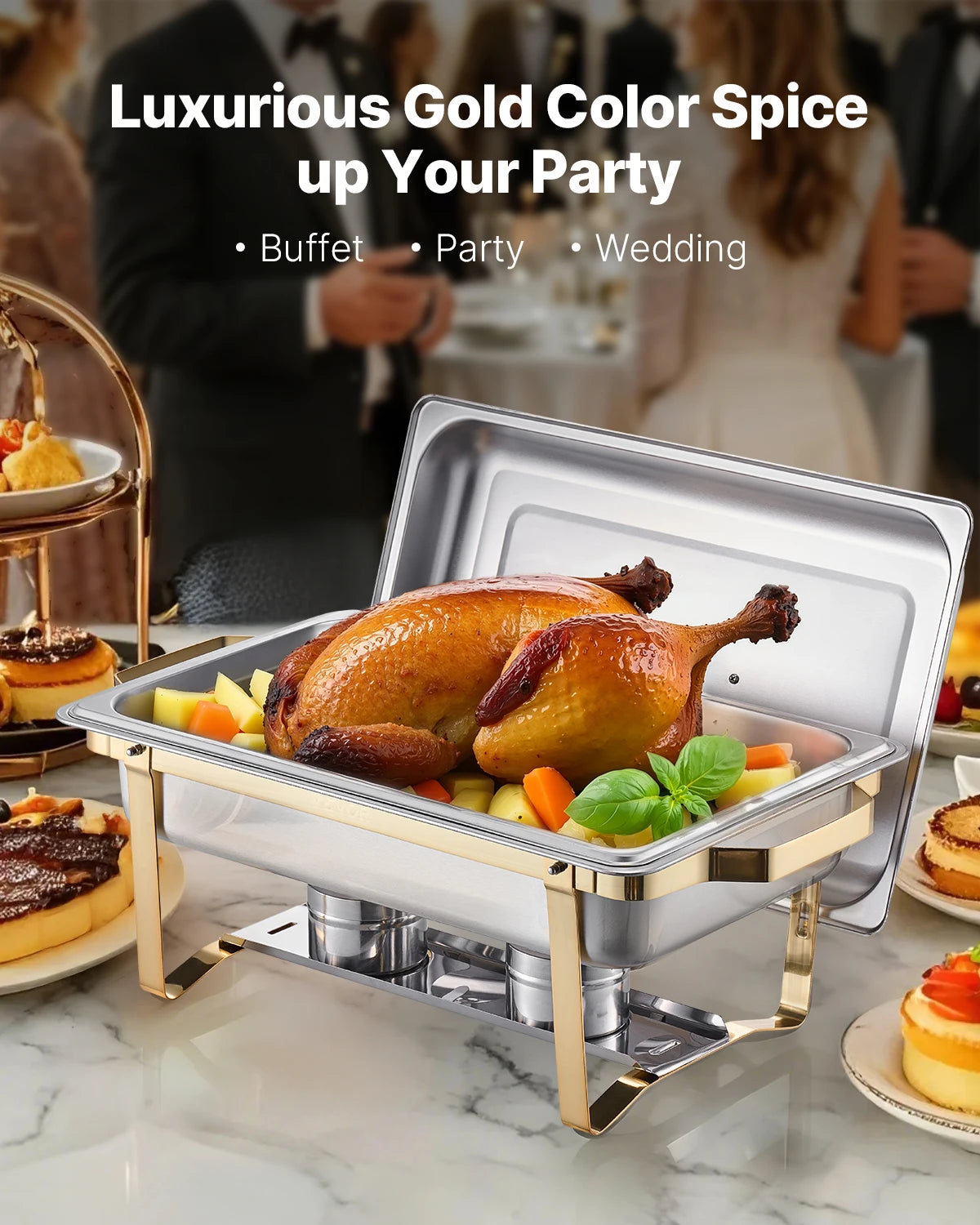 SucceBuy 4-Pack 8-Qt Stainless Steel Chafing Dish Buffet Set with Full-Size & Half-Size Pans for Catering and Events