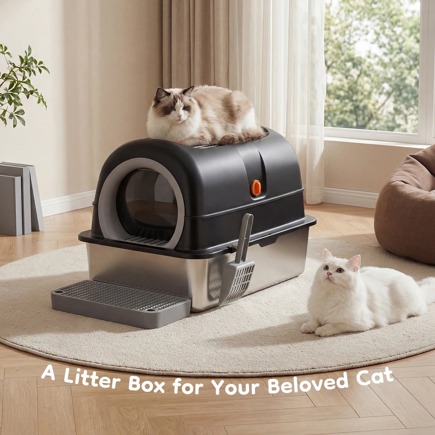 JHK 24-Inch Stainless Steel Cat Litter Box, Fully Enclosed 30L Extra-Large Cat Box for Big Cats, Includes Scoop & Litter Mat