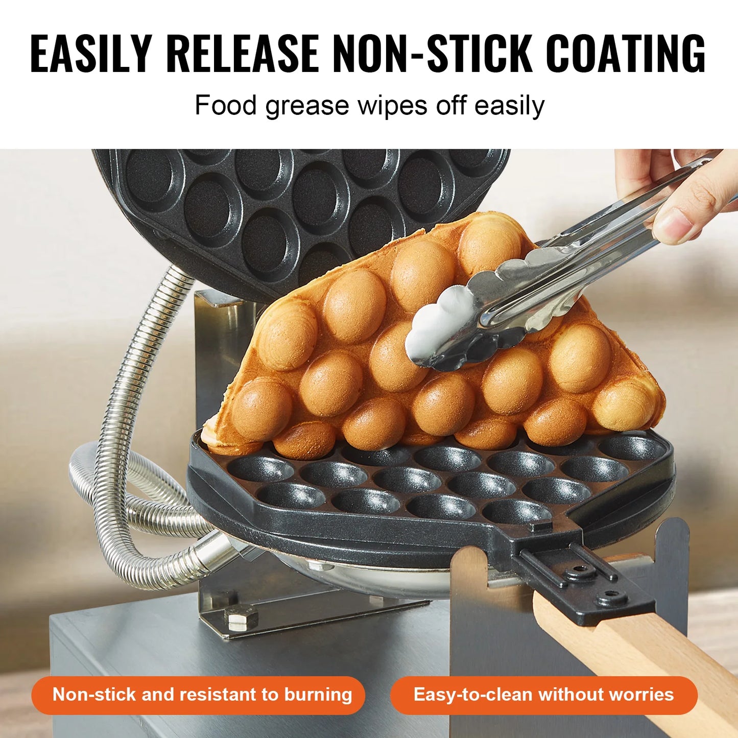 SucceBuy Commercial Egg Bubble Waffle Maker, 1400W Stainless Steel Waffle Machine with Non-Stick Dual Pans, 180° Rotating Design, and Wooden Handles