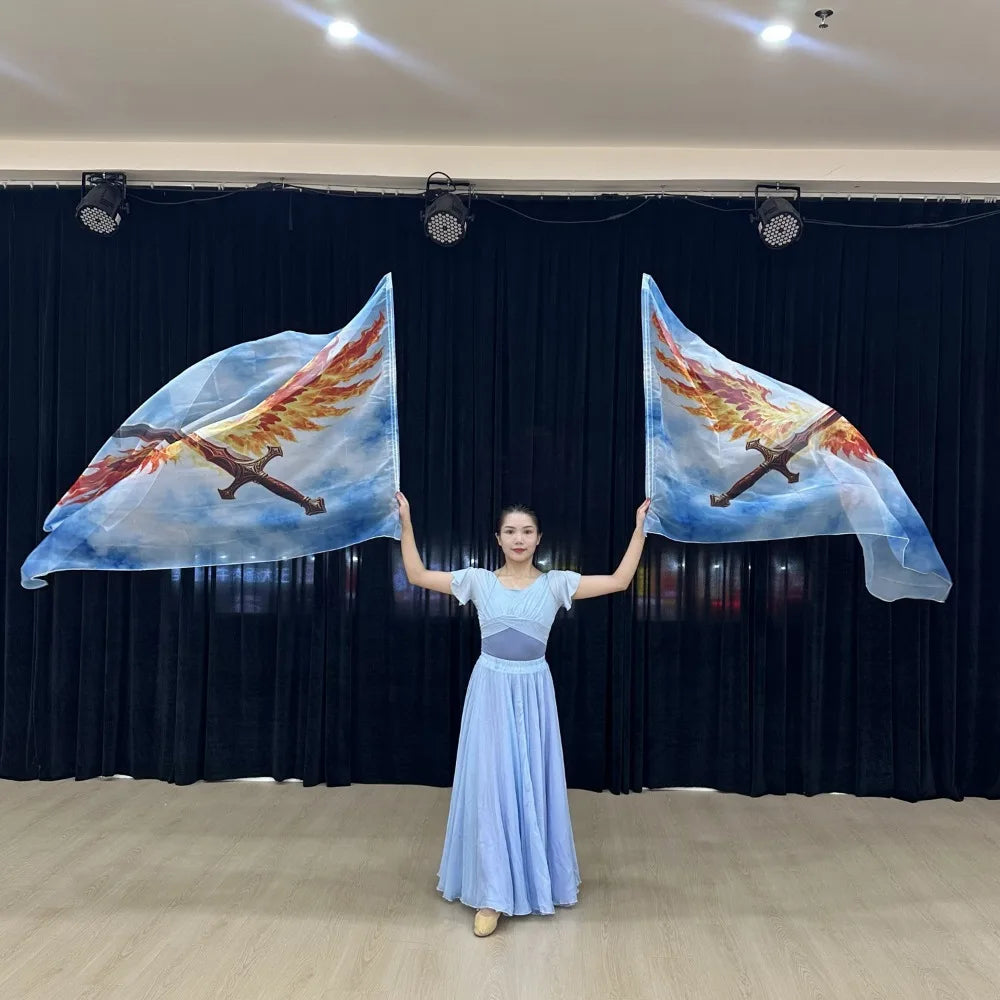 Chiffon Double Sword Praise Flag – Flowing Tie-Dye Flame Worship & Dance Veil