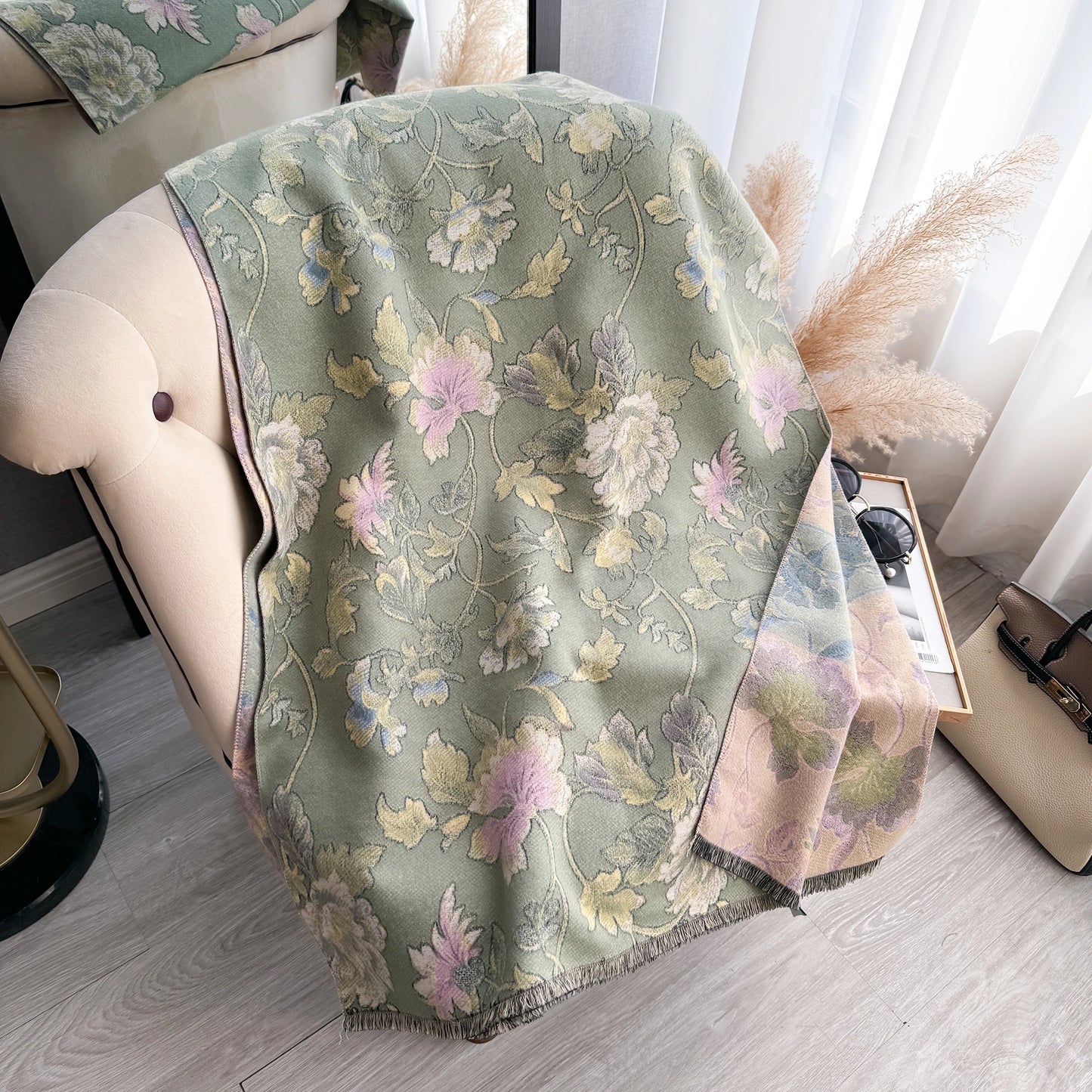 Women's Floral Jacquard Faux Cashmere Shawl | Thick Pashmina Wrap | Winter Shawl