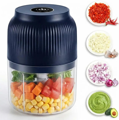 300ml Capacity Electric Garlic Chopper, Mini Portable Veggie Cutter, 4 Sharp Stainless Steel Blades Mini Electric Food Chopper, Compact Size, Easy to Clean, One-Touch Operation (Blue)