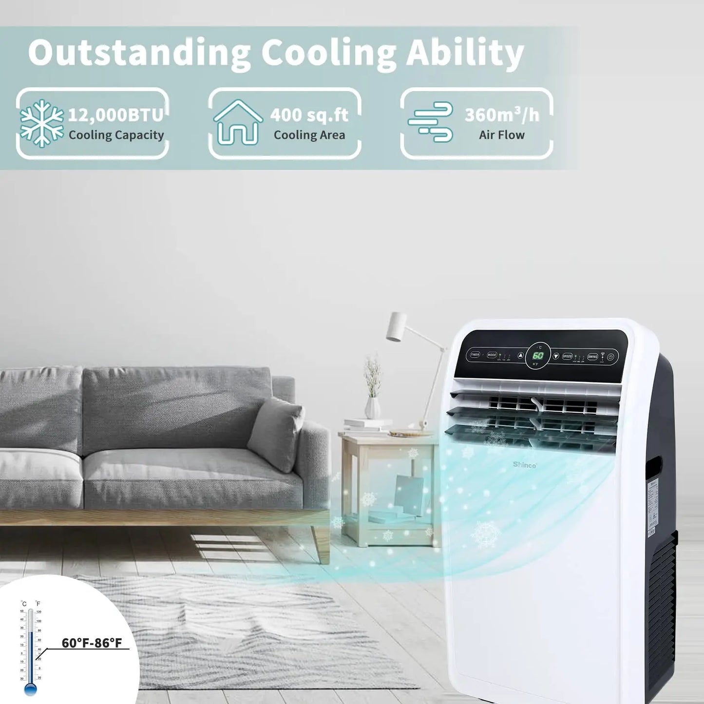 Shinco™ 12,000 BTU Smart Portable Air Conditioner – Wi-Fi Climate Control