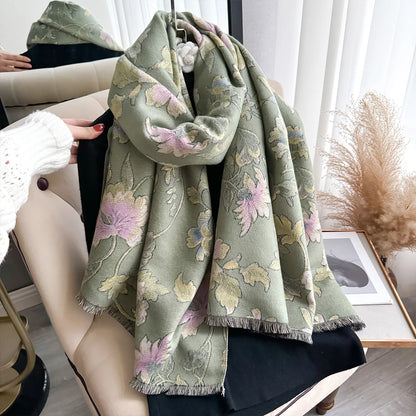 Women's Floral Jacquard Faux Cashmere Shawl | Thick Pashmina Wrap | Winter Shawl