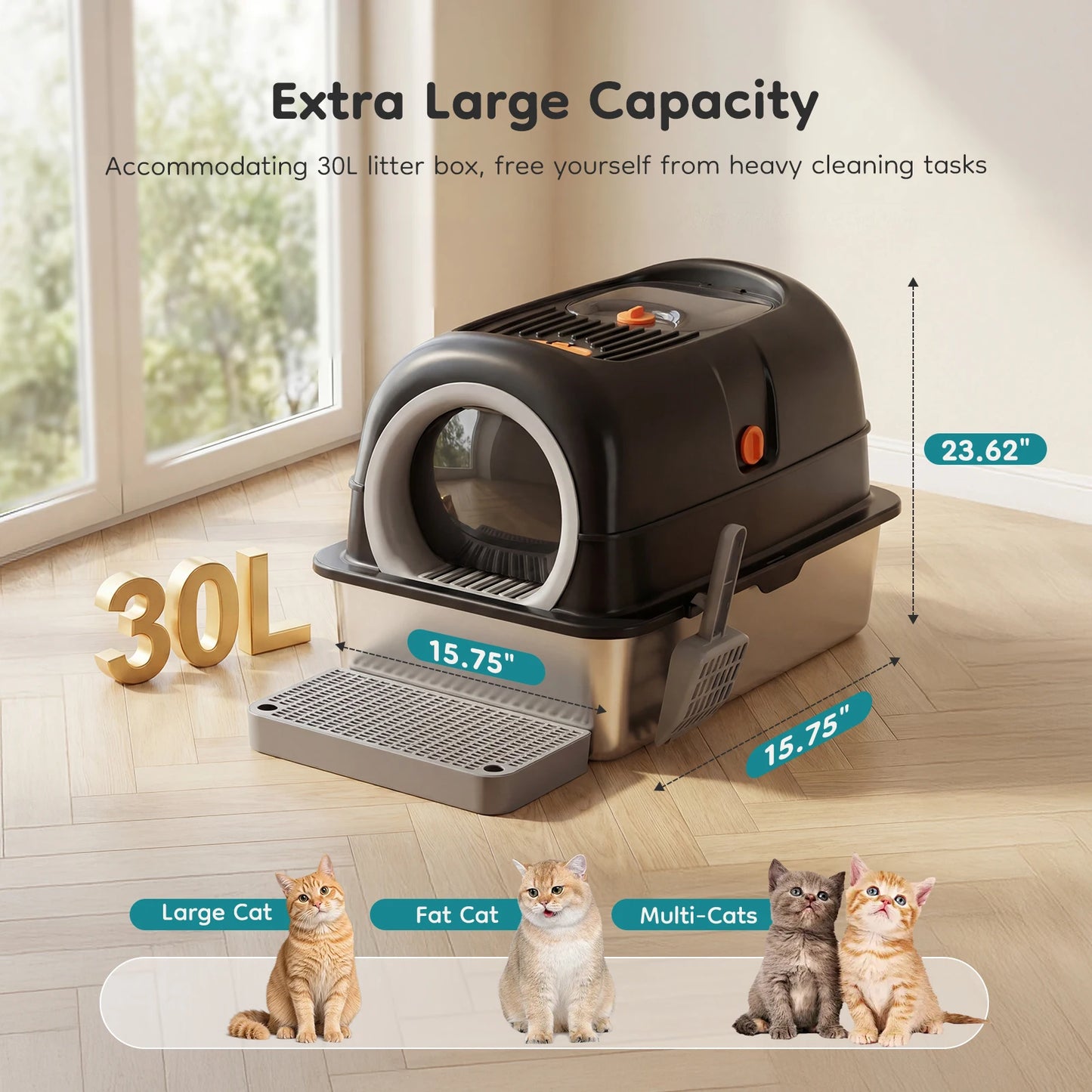 JHK 24-Inch Stainless Steel Cat Litter Box, Fully Enclosed 30L Extra-Large Cat Box for Big Cats, Includes Scoop & Litter Mat