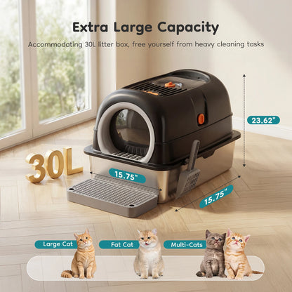 JHK 24-Inch Stainless Steel Cat Litter Box, Fully Enclosed 30L Extra-Large Cat Box for Big Cats, Includes Scoop & Litter Mat