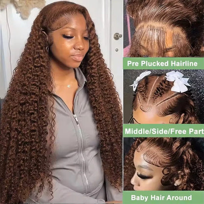 36-Inch Chocolate Brown Human Hair Lace Front Wig for Women, 220% Density, 13x6/13x4 HD Transparent Lace Frontal Wig, Curly Deep Wave Brazilian Style, Pre-Plucked Natural Look