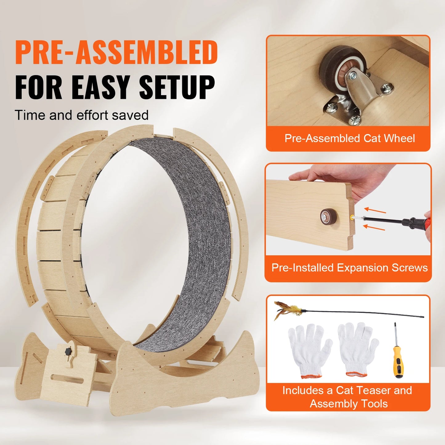 SucceBuy Large Wooden Cat Exercise Wheel, Indoor Cat Treadmill Wheel with Detachable Carpet and Interactive Cat Tease