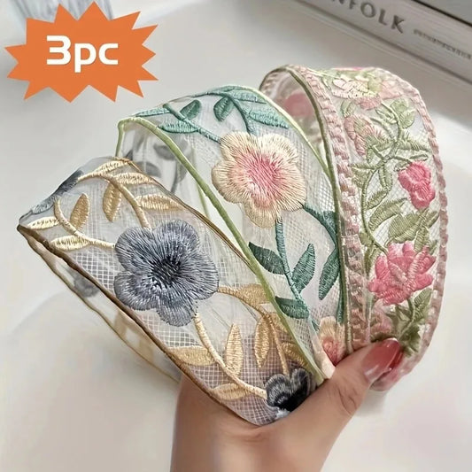 BloomGrace™ Embroidered Chiffon Floral Headband Collection – 3 Piece Set