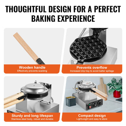 SucceBuy Commercial Egg Bubble Waffle Maker, 1400W Stainless Steel Waffle Machine with Non-Stick Dual Pans, 180° Rotating Design, and Wooden Handles