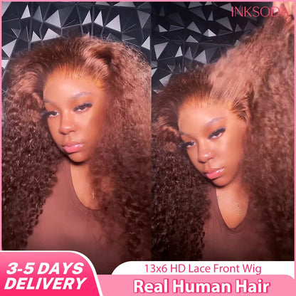 36-Inch Chocolate Brown Human Hair Lace Front Wig for Women, 220% Density, 13x6/13x4 HD Transparent Lace Frontal Wig, Curly Deep Wave Brazilian Style, Pre-Plucked Natural Look