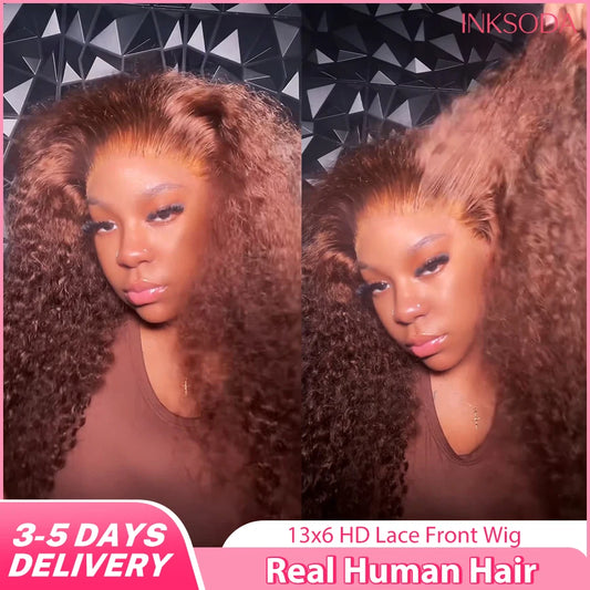 36-Inch Chocolate Brown Human Hair Lace Front Wig for Women, 220% Density, 13x6/13x4 HD Transparent Lace Frontal Wig, Curly Deep Wave Brazilian Style, Pre-Plucked Natural Look