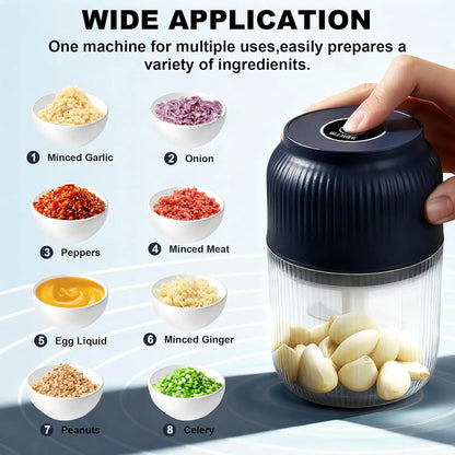 300ml Capacity Electric Garlic Chopper, Mini Portable Veggie Cutter, 4 Sharp Stainless Steel Blades Mini Electric Food Chopper, Compact Size, Easy to Clean, One-Touch Operation (Blue)