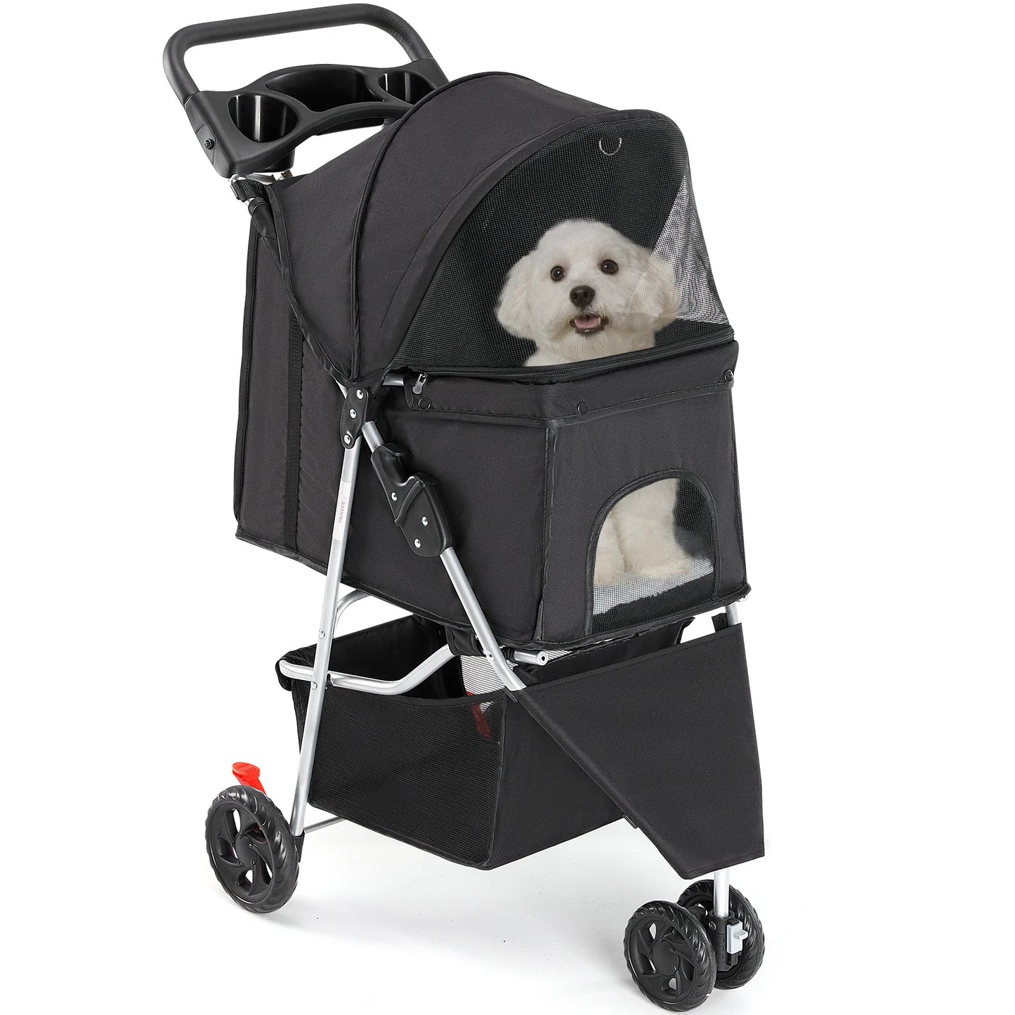 JHK 3-Wheel Pet Stroller | Foldable Design | Mesh Windows | Storage Basket & Cup Holder