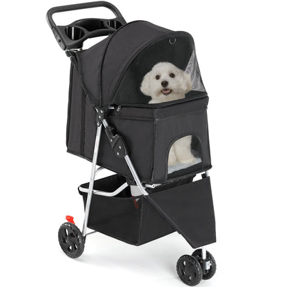 JHK 3-Wheel Pet Stroller | Foldable Design | Mesh Windows | Storage Basket & Cup Holder