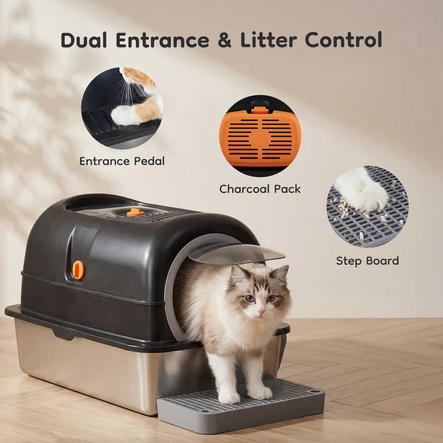 JHK 24-Inch Stainless Steel Cat Litter Box, Fully Enclosed 30L Extra-Large Cat Box for Big Cats, Includes Scoop & Litter Mat