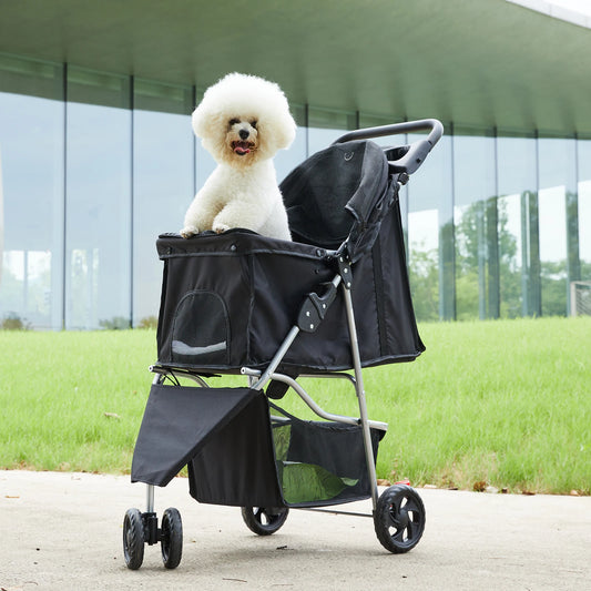 JHK 3-Wheel Pet Stroller | Foldable Design | Mesh Windows | Storage Basket & Cup Holder