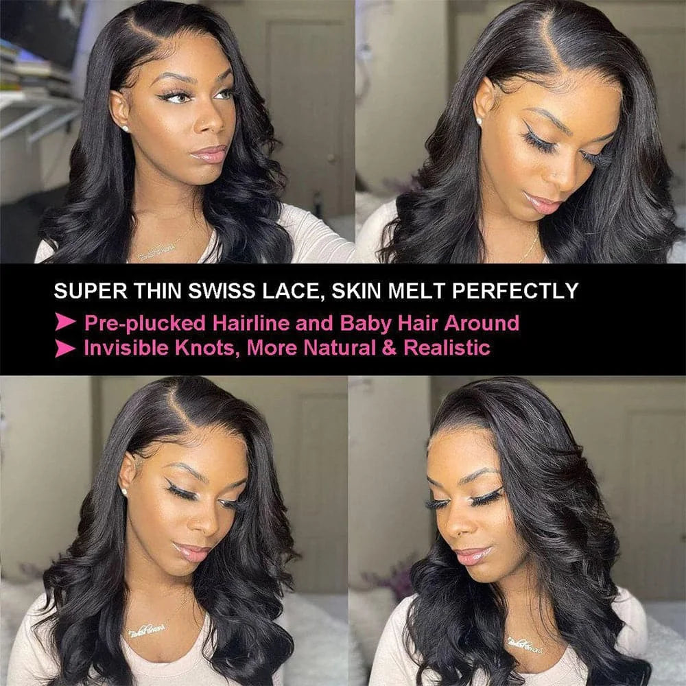 Natural Black Body Wave Human Hair Lace Front Wig | 180% Density | Pre-Plucked HD Transparent Lace Frontal