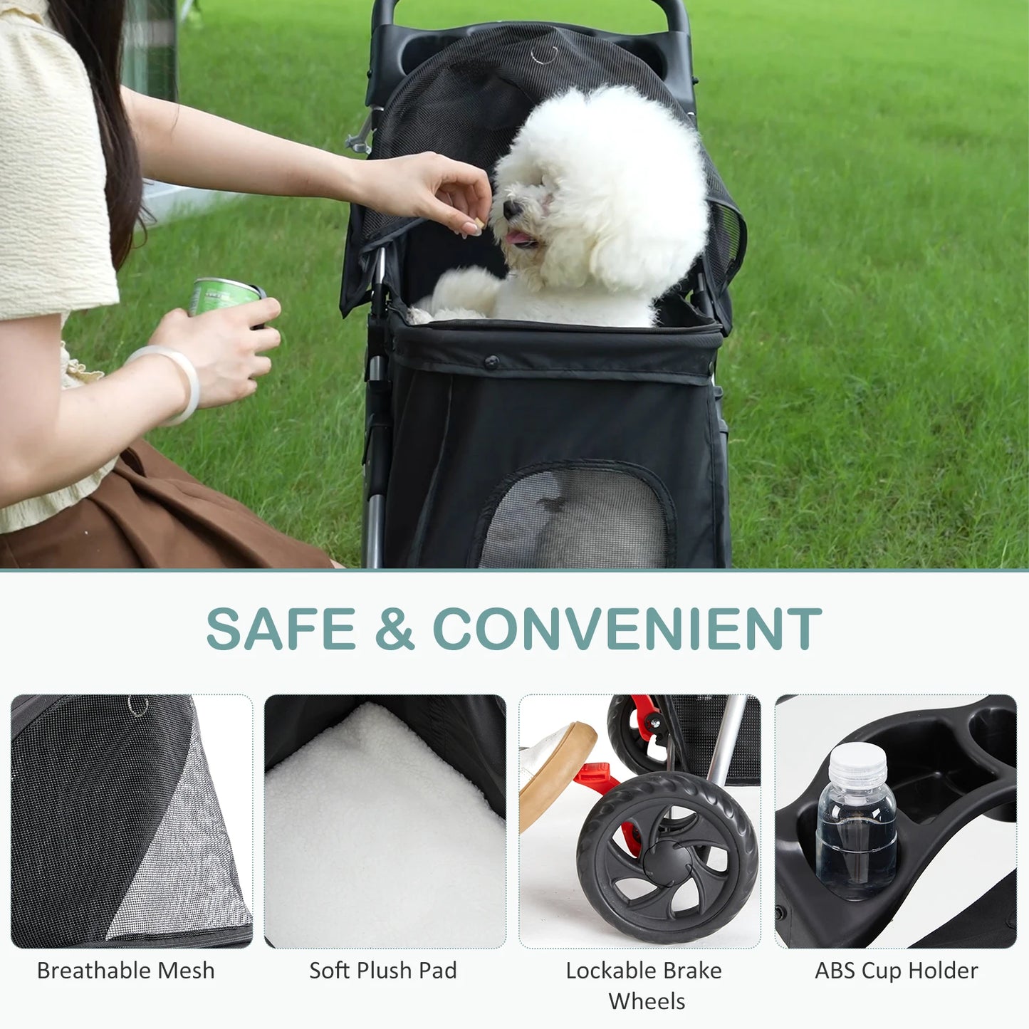JHK 3-Wheel Pet Stroller | Foldable Design | Mesh Windows | Storage Basket & Cup Holder