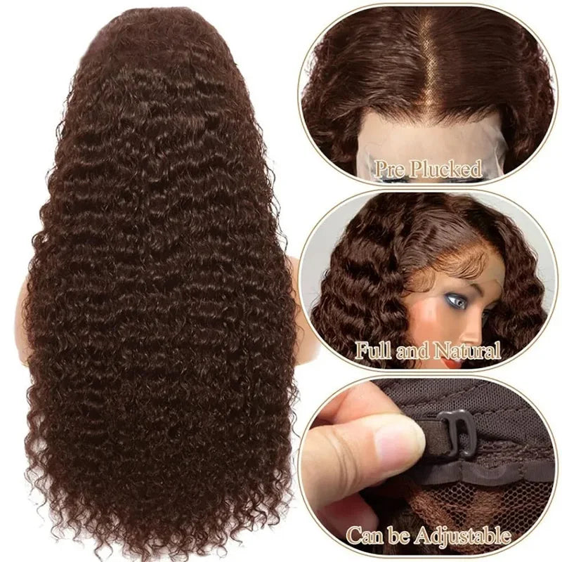 36-Inch Chocolate Brown Human Hair Lace Front Wig for Women, 220% Density, 13x6/13x4 HD Transparent Lace Frontal Wig, Curly Deep Wave Brazilian Style, Pre-Plucked Natural Look