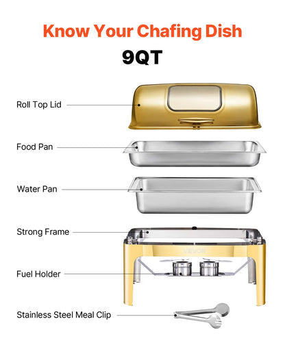 SucceBuy Elegant 9QT Roll Top Chafing Dish | Stainless Steel Buffet Warmer | Full Size Pan | Catering Food Server