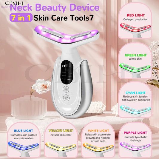 7-in-1 Neck & Face Beauty Device with LED Light Therapy, Microcurrent Technology, Deep Cleansing, and Warm Compress Features