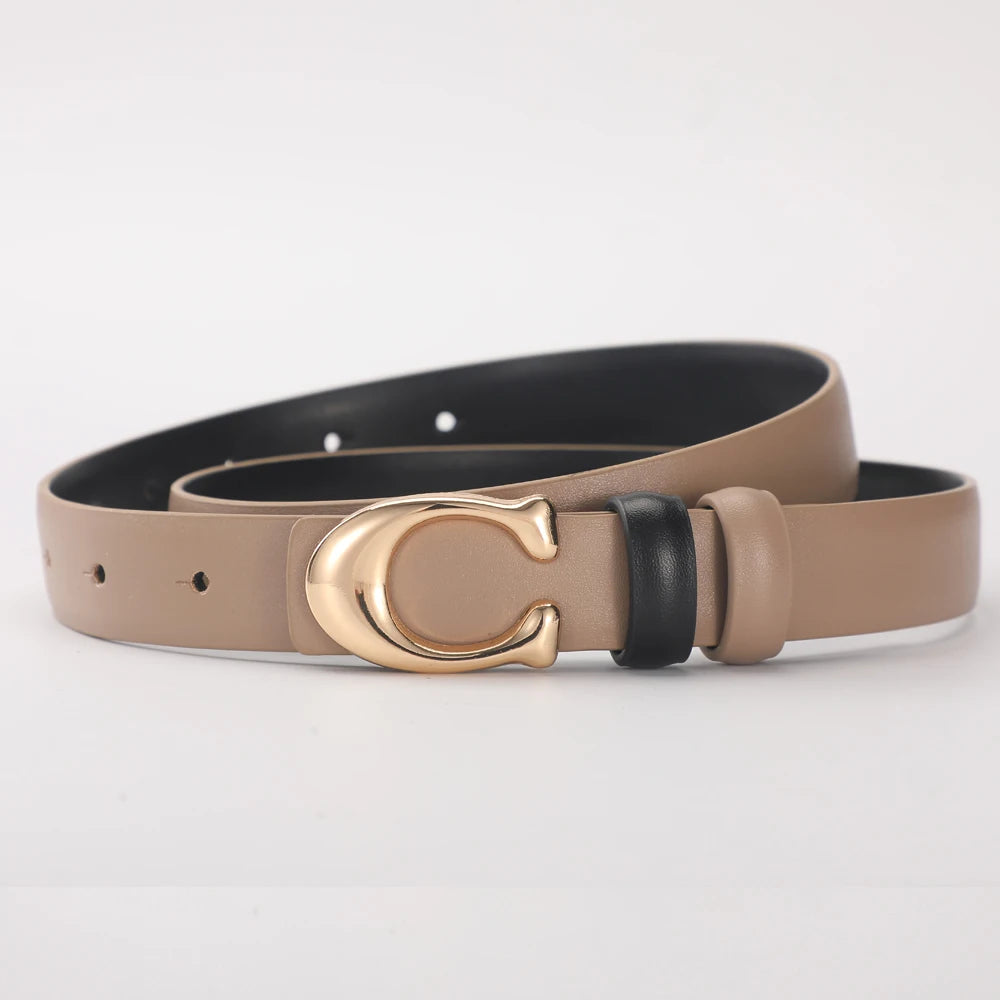 Women's Double-Sided Fashion Belt, Reversible Waist Belt with C-Shaped Buckle, Smooth Finish for Dresses, Jeans & Trousers
